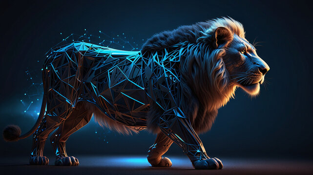 Digital Blue Glow Lion: A detailed 3D rendering of a Lion with an intricate wireframe design, bathed in a vibrant blue light, showcasing a captivating and modern artistic vision.