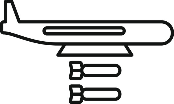 recommend clip art: Military bomber plane dropping bombs, simple black line art icon
