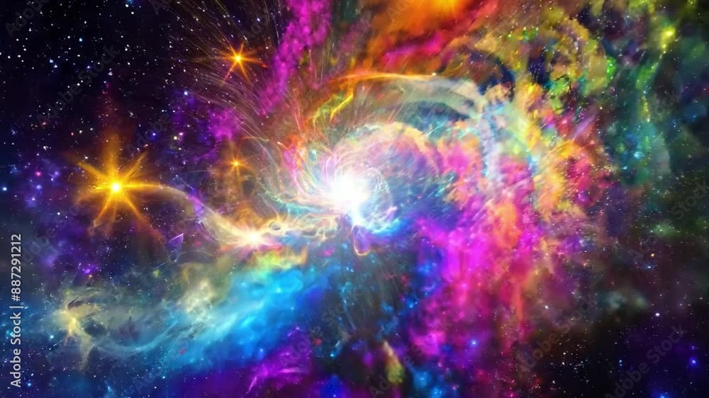 Poster a colorful nebula swirls in space, with bright stars and clouds of gas and dust illuminating the dar