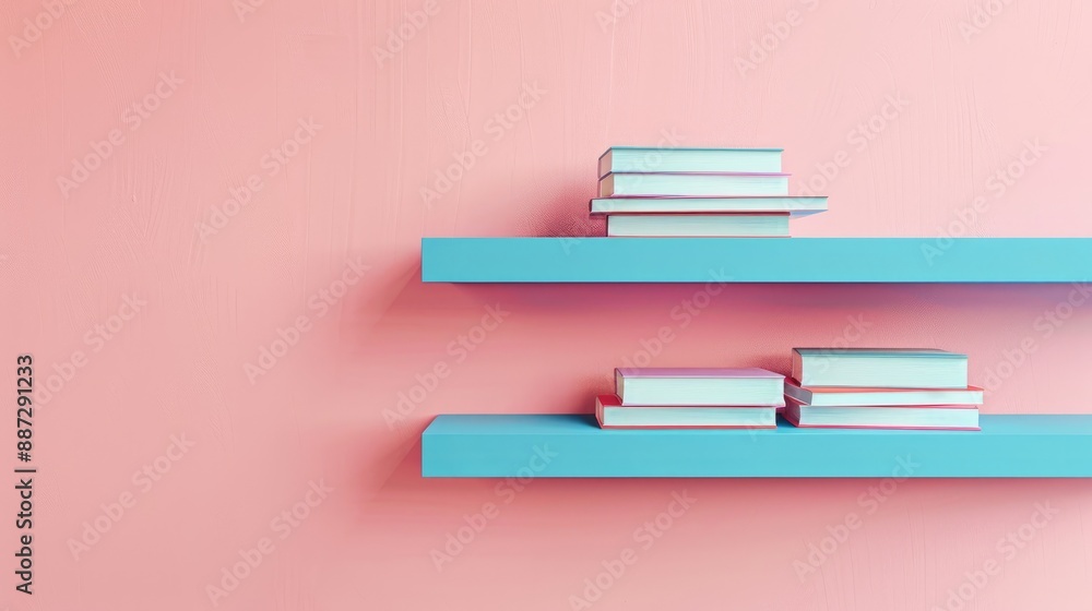 Sticker books stacked on blue shelf empty space on pink wall