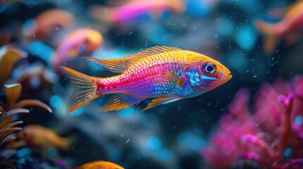 Fototapeta premium Glowing Fish in Fluorescent Tank Water: Close-Up