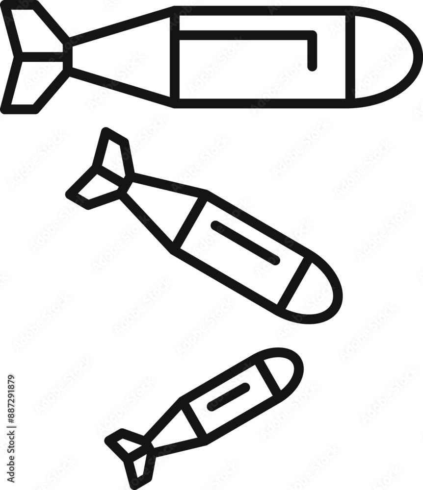 Poster simple line drawing of a set of three different size bombs falling from the sky