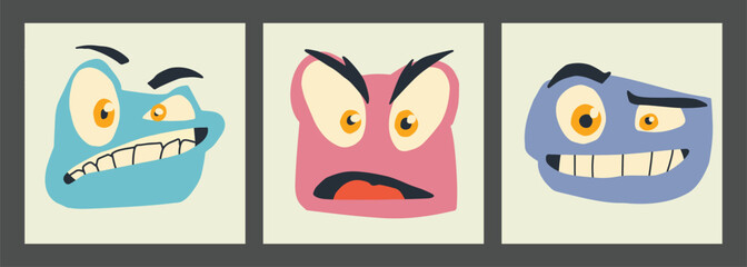 Abstract, facial images, various emotions, retro colors, fun, illustrations, vectors
