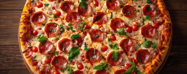 Delicious pepperoni pizza topped with fresh basil and cherry tomatoes on a rustic wooden table, perfect for food industry marketing and promotions.