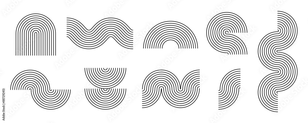 Poster Black line boho style arch and wave set. Mid century linear curve shapes collection. Decorative outline arc elements for graphic design template, poster, banner, cover. Vector wavy and zigzag stripes