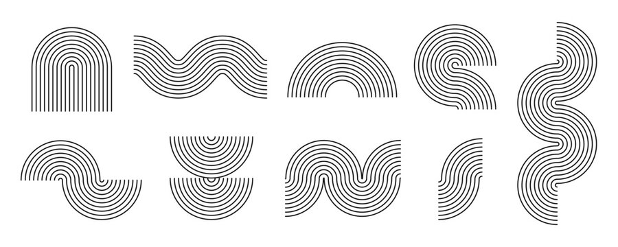 Black line boho style arch and wave set. Mid century linear curve shapes collection. Decorative outline arc elements for graphic design template, poster, banner, cover. Vector wavy and zigzag stripes