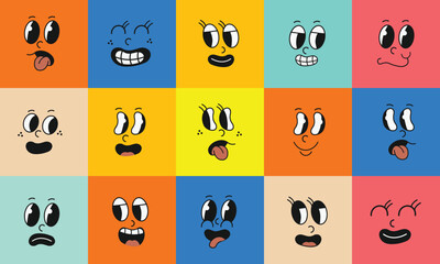 Abstract, facial images, various emotions, retro colors, fun, illustrations, vectors