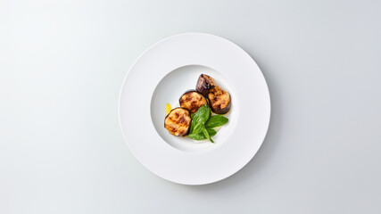 Grilled scallops with basil garnish on white plate, seafood delicacy on white background