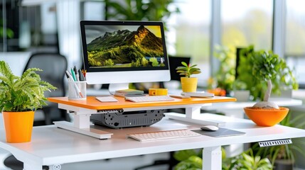 Modern office workspace with desktop computer and green plants, featuring an orange desk organizer for a bright and fresh feel.