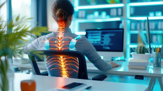 Person working at computer, illustration of spinal anatomy and potential back pain issues visible, highlighting posture and health concerns.