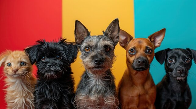 Vibrant Pet Parade: Colorful Dogs and Cat Against Multicolored Backdrop