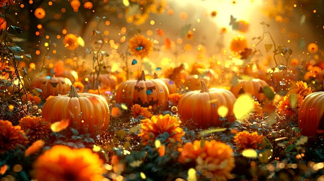 an adorable animals discovering a pumpkin patch just in time for Halloween. Seamless looping time-lapse virtual 4k video animation background