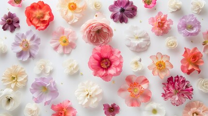 Flat lay of fresh flowers on white background. 