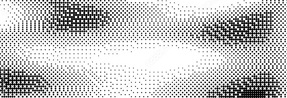 Aufkleber Pixelated bitmap gradient texture. Black and white dither spots background. 8 bit video game screen wallpaper. Retro glitchy pixel art illustration. Abstract vector wavy dithering border overlay