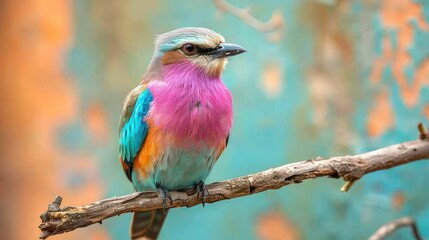 Fototapeta premium African Predator: Lilac-Breasted Roller on Thin Branch with Green Background