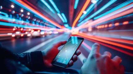 Person holding smartphone with glowing screen for digital connection in the middle of the city at night surrounded by lights data flow and futuristic urban technology concept.