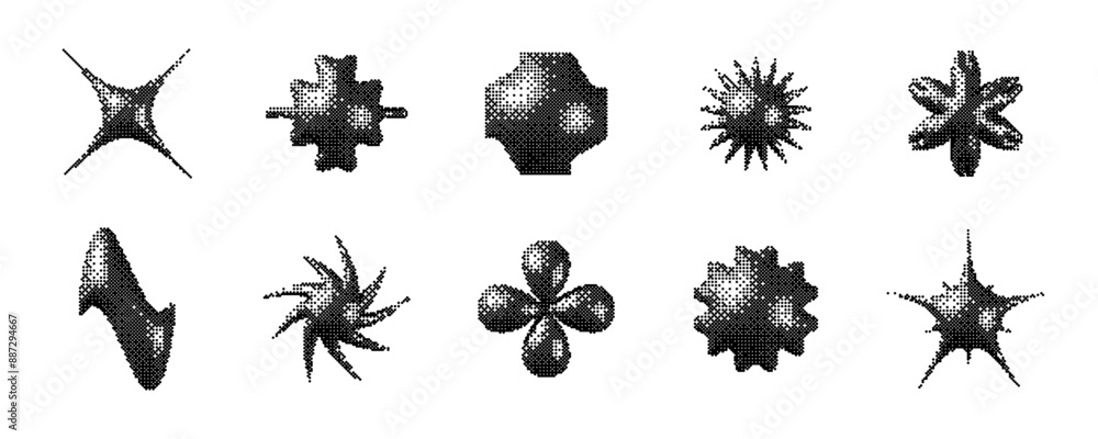 Poster Pixelated 3d Y2K shape set. Bitmap stars, flowers, sparkles, waves element collection. Retro 8 bit sticker form bundle for poster, banner, collage, graphic design. Vector dither geometric object pack