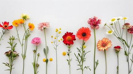 Flat lay of fresh flowers on white background. 
