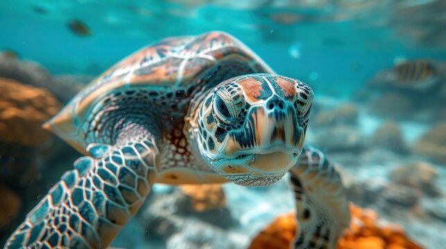 Maldives Vacation: Close-Up of Sea Turtle and Coral Reef in the Ocean
