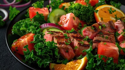 A vibrant and healthy salad with grilled steak, fresh kale, tomatoes, orange slices, and cucumbers, served in a black bowl.