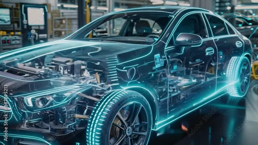Poster a modern car on a production line with an x-ray style image displaying the engine and chassis compon
