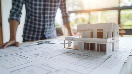 Architect reviewing house plans with a model. AI generated
