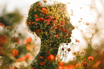 Double exposure of a woman's silhouette with vibrant wildflowers in a sunlit meadow, creating a fusion of human and nature.