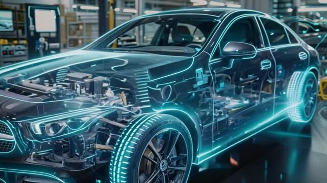A modern car on a production line with an X-ray style image displaying the engine and chassis components.