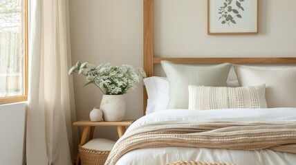 A tranquil green four-poster bed with natural wood accents and linen curtains.