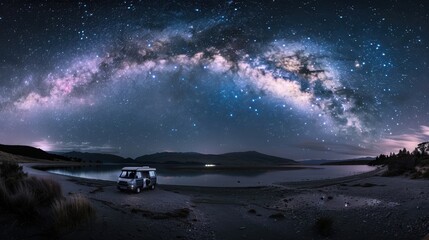 Panoramic View of Milky Way Night Sky with Camper Van at Lake Pukaki, New Zealand