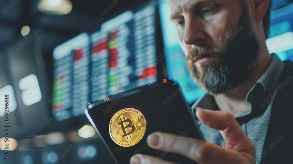 Poster businessman checking bitcoin on smartphone value of his bitcoin investment in front of a digital dis