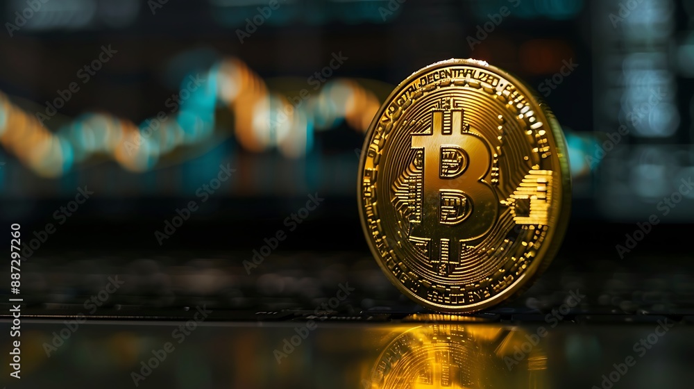 Poster cryptocurrency bitcoin coins are on a laptop keyboard with a blurry stock graph background. ai gener