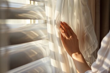 Woman hand close curtain from daylight at bedroom
