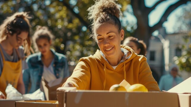 Volunteers gather around cardboard boxes, sorting and packing donations outdoors on a bright day