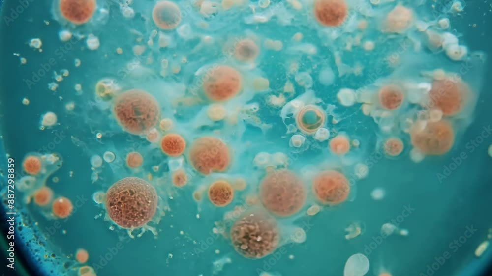 Poster through the microscope lens tiny microorganisms swim and multiply in a nutrientrich broth powering t