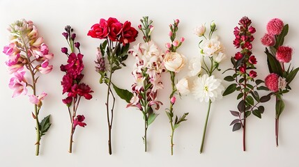 Flat lay of fresh flowers on white background. 