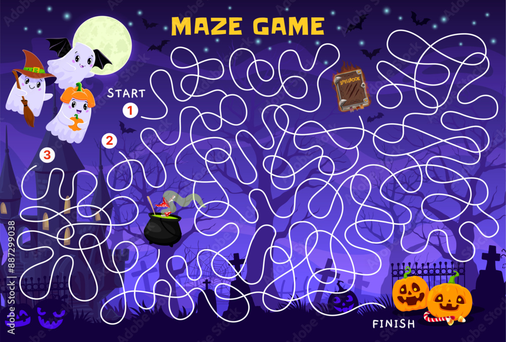 Aufkleber Halloween labyrinth maze game. Help to kawaii ghost find a spellbook and pumpkins. Maze child riddle, search path kids vector playing activity worksheet with funny ghosts on cemetery background