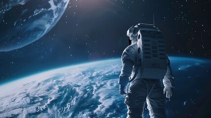 Obraz premium Astronaut Contemplates The Vastness Of Space Gazing Upon Earth From A Distance. AI generated
