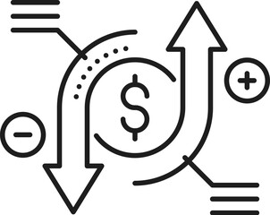 Financial analysis line icon of profit and loss for budget accounting and revenue, vector pictogram. Finance management and budget analytics for revenues and expenses in financial analysis icon