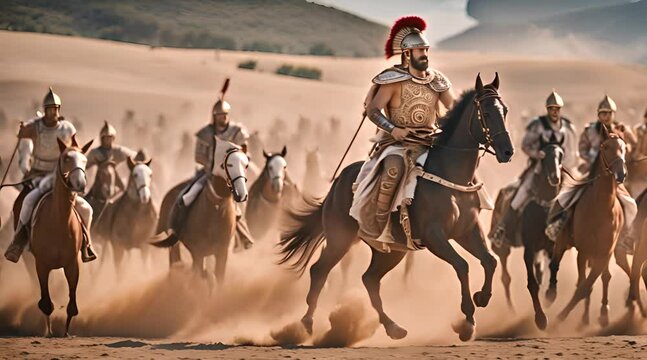 Greek Warrior in Tunic Preparing Horses