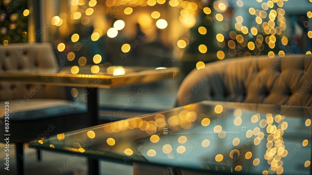 Aufkleber a warm and inviting café scene featuring golden bokeh lights reflected on glass tables, creating a f
