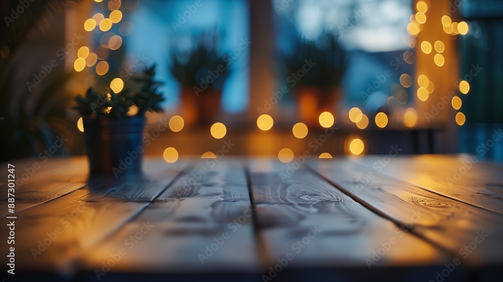 Poster a warm and inviting scene with golden bokeh lights in the background, casting a cozy glow over a rus