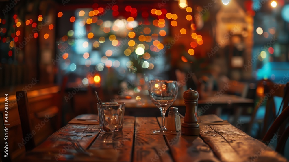Poster a charming bistro table set for dining, featuring wooden furniture and surrounded by warm bokeh ligh
