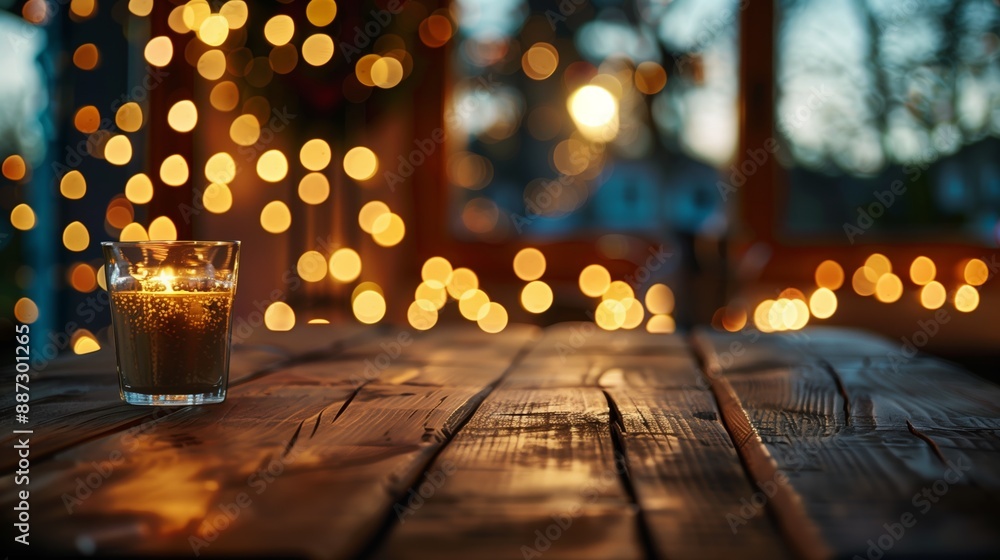 Poster a rustic wooden table illuminated by warm bokeh lights and a single candle, creating a cozy and invi