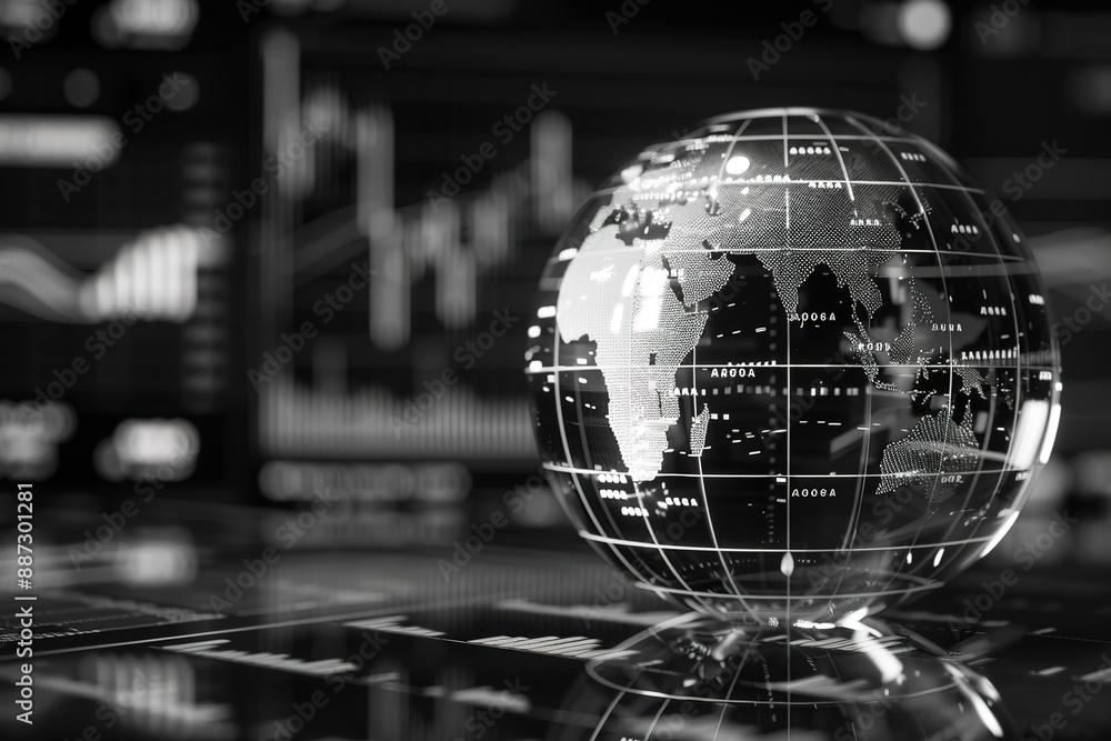 Poster a globe is sitting on a table with a lot of graphs and numbers