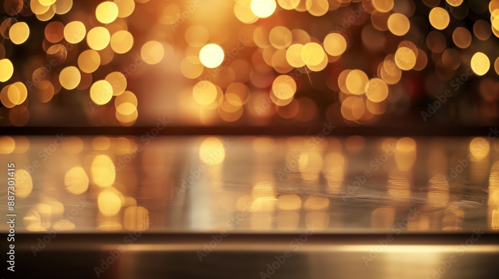 Poster a warm and inviting scene featuring a reflective surface with golden bokeh lights in the background,
