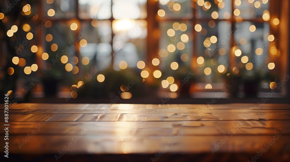 Poster a cozy scene featuring warm bokeh lights through a window, casting a soft glow over a rustic wooden 