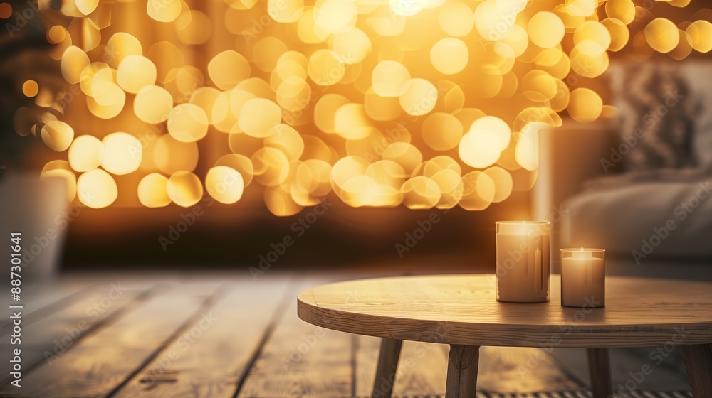 Poster a cozy indoor scene showcasing two lit candles on a wooden table with a backdrop of golden bokeh lig
