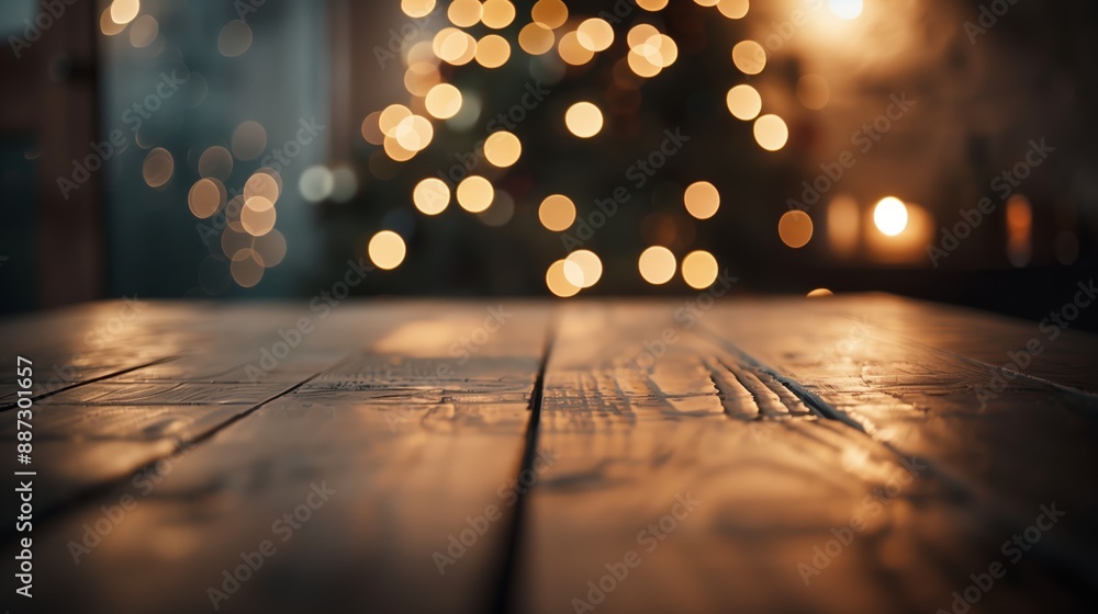Poster a cozy and inviting scene with golden bokeh lights from a christmas tree, softly illuminating a rust