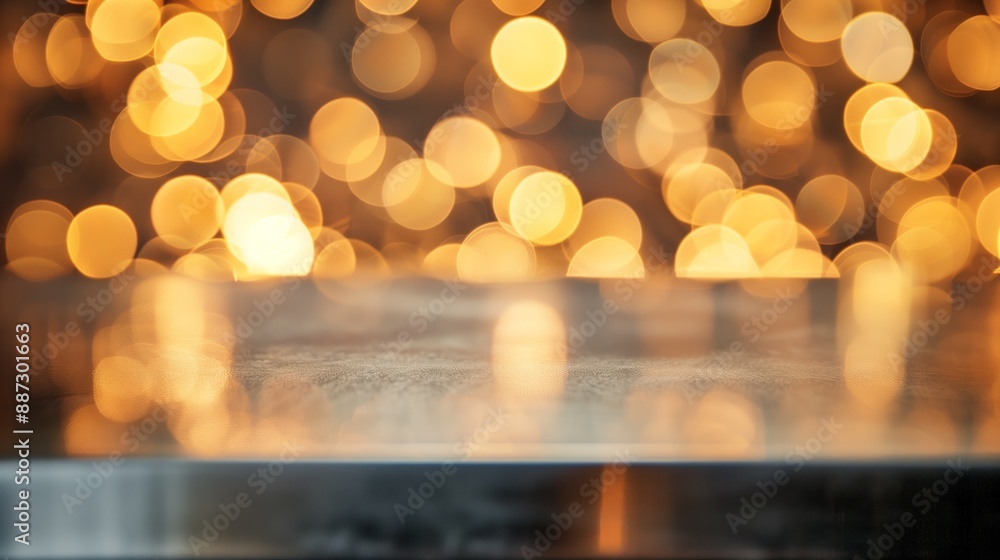 Poster a serene image featuring a reflective surface with warm golden bokeh lights in the background, evoki